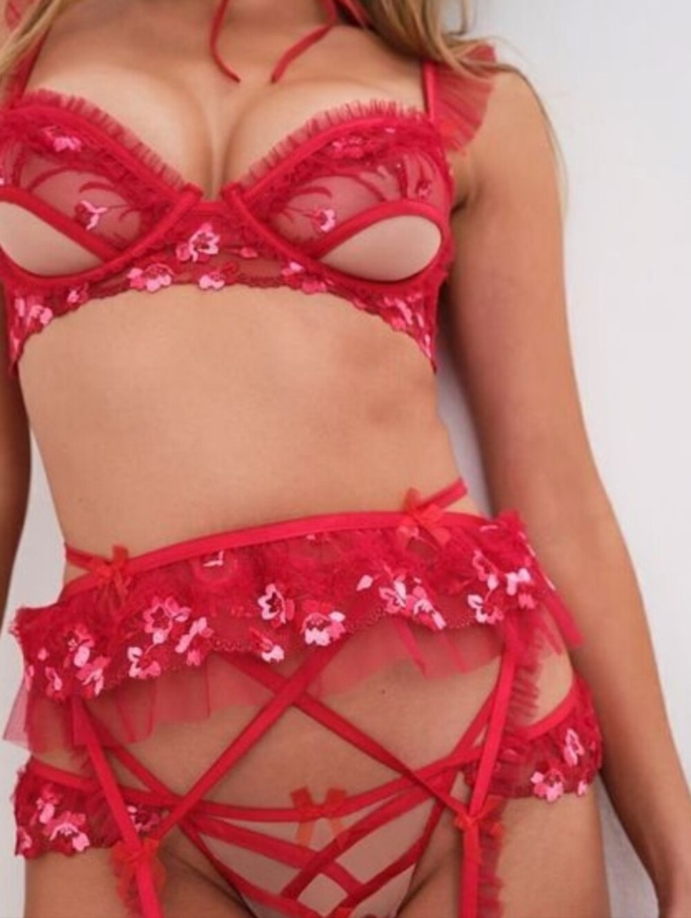 NWT For Love & Lemons Evie Red Embroidered Garter Belt Size Large